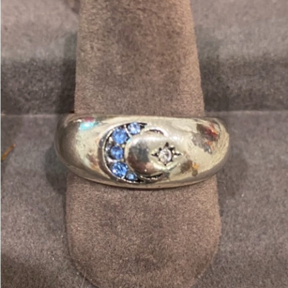 Crescent Moon Silver Ring with Blue Accents